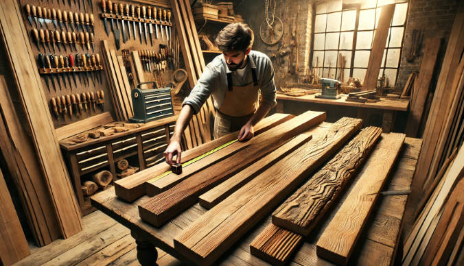 An Individual Carefully Selecting Wood Planks