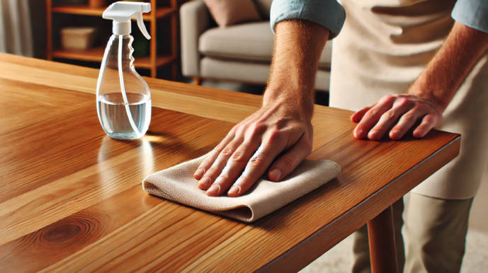 Close up of Cleaning Wooden Dining Table